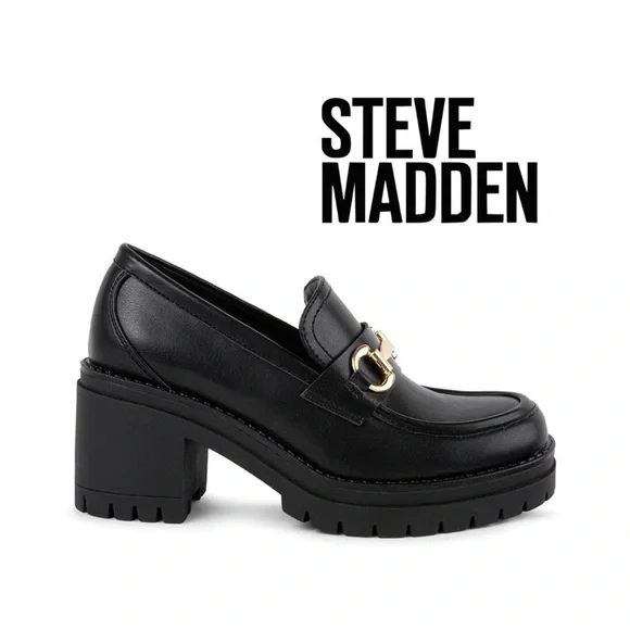 Steve Madden Black Leather Loafers with Gold Horsebit - Picture 1 of 7